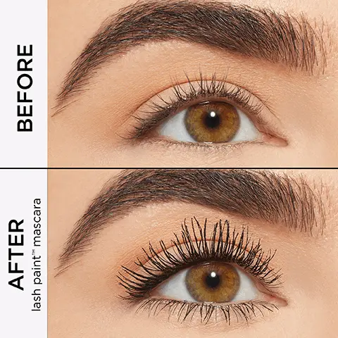 Image 1, AFTER lash paintTM mascara BEFORE Image 2, 300+ SHORT & LONG BRISTLES . patented molded brush lifts & separates each lash