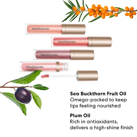 Image 1 - A display of bareMinerals lip oils in various shades, with surrounding illustrations of sea buckthorn fruit and plum, featuring text that describes the benefits of the ingredients: Sea Buckthorn Fruit Oil Omega-packed to keep lips feeling nourished and Plum Oil Rich in antioxidants, delivers a high-shine finish.
Image 2 - Alt text generation failed
