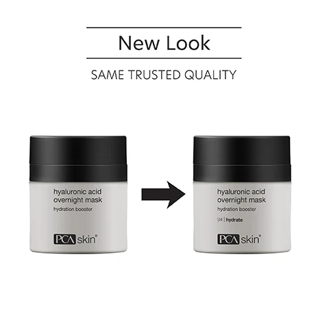 Image 1 - Image shows two jars of PCA Skin Hyaluronic Acid Overnight Mask side by side, with a text banner above stating New Look and Same Trusted Quality, and the jar labels indicate hydration booster and 04 | hydrate.
Image 2 - A hand holding a jar of PCA skin hyaluronic acid overnight mask with visible text that reads, deeply hydrates, rejuvenates and restores the skins moisture balance while you sleep.
Image 3 - A hand applying a cream to the fingertips is shown alongside the text that reads Overnight mask intensely hydrates, rejuvenates and nourishes skin leaving the skin radiant and luminous.
Image 4 - A clear, glossy gel is shown in a glass dish, accompanied by text that describes three ingredients: Sodium Hyaluronate, Hydrolyzed Hyaluronic Acid and Hydrolyzed GAG, and Niacinamide (2%), detailing their benefits for skin hydration and appearance.
Image 5 - Image depicts a person applying a skincare mask to their face while holding a jar of the product, with visible text that includes How to Apply, STEP 1: After cleansing, toning, and applying the appropriate treatment serums and moisturizer, smooth a generous layer of the mask on your face and neck, and STEP 2: Gently massage the mask into your skin for better absorption. Leave the mask on overnight. For optimal results, use the mask 2-3 times a week.
Image 6 - Three women of diverse backgrounds smile together, with text above them stating for dry, oily, combination, normal and sensitive skin for preventative and aging skin concerns.
Image 7 - A set of three skincare products displayed on a white background, including a jar labeled Hyaluronic Acid Overnight Mask, a bottle labeled Hyaluronic Acid Boosting Serum, and a bottle labeled Facial Wash, with descriptions of each products benefits and the heading Complete the Regimen.
Image 8 - Image features a blue laboratory flask icon above text that reads Innovators in healthy skin for 30 years At PCA SKIN®, we use clinically-backed research and science to develop safe and effective products that deliver visible results for healthy, beautiful skin.