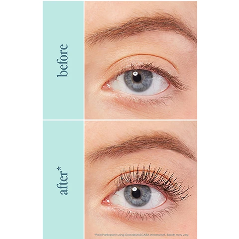 Image 1 - Image of a close-up of an eye, showing a comparison of eyelashes before and after using a product, with the word before beside the top image and after* beside the bottom image, along with a text note at the bottom that reads Paid Participant using GrandeMASCARA Waterproof. Results may vary.
Image 2 - An image of a teal mascara tube with a black brush next to it, featuring text that states with you through every laugh, splash and tear, followed by features: waterproof, buildable, clump-free formula, locks on lashes for all-day wear, no smudging or flaking, and easily removable to take care of your lashes.
Image 3 - A woman with a light complexion and glossy lips is holding a mascara wand while looking at the camera, with text that reads long-lasting + easily removable and the first waterproof mascara ive tried that stays put.
Image 4 - Close-up of a womans face showcasing her makeup with emphasis on her eyes and lips, featuring visible text that reads 97% saw longer looking lashes* based on a consumer study with 31 subjects. Results will vary.
Image 5 - A turquoise mascara tube named GrandeMASCARA is displayed alongside its brush, with text explaining lashcare ingredients, brush design, and effects: Lashcare Ingredient: peptides, Brush: classic wand perfect for building length, Instant Effect: natural, buildable length, Long-term Effect: healthier looking lashes.