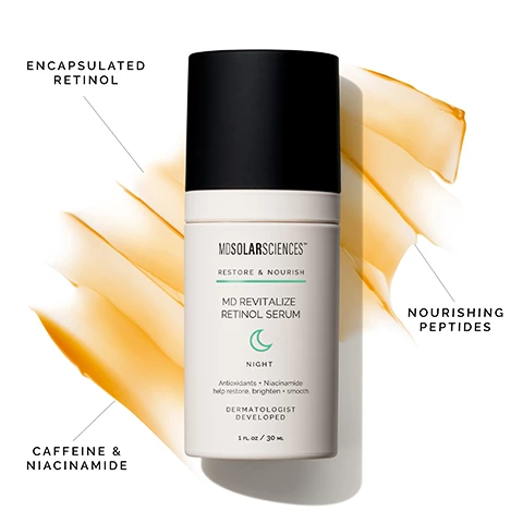image 1, encapsulated retinol, nourishing peptides, caffeine and niacinamide. image 2, clinical proof,80% of clinical participants said the discoloration on their skin appears to be diminished
