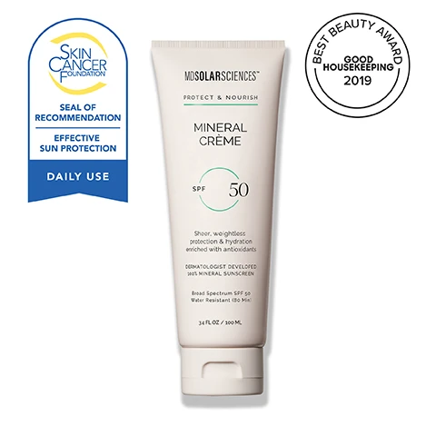 Image 2-dermstore-en_US - A white tube of MDSolarSciences Mineral Crème SPF 50 sunscreen is featured with a Skin Cancer Foundation Seal of Recommendation and a Good Housekeeping 2019 Best Beauty Award, displaying text MDSOLARSCIENCES, PROTECT & NOURISH, MINERAL CRÈME, SPF 50, Sheer, weightless protection & hydration enriched with antioxidants, DERMATOLOGIST DEVELOPED 100% MINERAL SUNSCREEN, Broad Spectrum SPF 50, Water Resistant (80 Min), 3.4 FL OZ / 100 ML, SKIN CANCER FOUNDATION, SEAL OF RECOMMENDATION, EFFECTIVE SUN PROTECTION, DAILY USE, BEST BEAUTY AWARD, GOOD HOUSEKEEPING, 2019. Image 3-dermstore-en_US - A woman with a warm skin tone has a white cream applied to her shoulder, with the text BARELY THERE 100% MINERAL SHEER CRÈME, Smooth, matte finish with no white cast, Enriched with antioxidants, Fragrance free & wont clog pores, Wear as primer or on its own. Image 4-dermstore-en_US - A graphic displays Science-Based Ingredients, featuring a cut pomegranate labeled Pomegranate Extract which Boosts UVB protection & fights free radical damage, an orange slice labeled Vitamin C which Increases collagen production & improves firmness, and a pile of white powder labeled Micronized Zinc Oxide for 100% broad spectrum mineral protection. Image 5-dermstore-en_US - The image shows a creamy product swatch on the upper left and a white tube of Mimicrete Mineral Cream SPF sunscreen on the right, with visible text reading DERMATOLOGIST DEVELOPED. BEAUTY-EXPERT APPROVED. THE ULTIMATE GUIDE TO TREATING MELASMA VOGUE BEST BEAUTY AWARD 2019 GOOD HOUSEKEEPING SKINCARE WITH HYRAMS BEST SUNSCREEN OF 2020, 2021, & 2022, and additional text on the tube that says MIMICRETE MINERAL CREAM SPF Invisible, Weightless Protection. Enriched with Antioxidants. DERMATOLOGIST DEVELOPED 100% MINERAL SUNSCREEN Broad Spectrum SPF 50 Water Resistant (80 Min) 1.7 FL OZ / 50 ML. Image 6-dermstore-en_US - The image shows a white bottle of MD Solar Sciences sunscreen with a product smear next to a testimonial that reads: DERMATOLOGIST-DEVELOPED. SKIN-EXPERT APPROVED. As a plastic surgeon, I’m committed to ensuring my patients achieve optimal healing and long-lasting results after their procedures. Protecting the skin from ultraviolet radiation, is crucial, and that’s why I recommend MDSolarSciences SPF products. MDSolarSciences’ formulations are gentle, non-comedogenic, and specifically designed for sensitive skin, making them ideal for post-treatment care. The lightweight, mineral-based sunscreens provide broad-spectrum protection without irritating the skin or interfering with the healing process. Many of my patients appreciate the silky texture and the quality for the price point. -M. HUGH BAILEY, MD FACS PC BAILEY AESTHETICS, NEWPORT BEACH, CA. Text on the bottle also reads: PROTECT MINERAL CREAM SPF, Invisible, Weightless Protection, Enriched With Antioxidants, DERMATOLOGIST DEVELOPED MDS MINERAL SUNSCREEN, Broad Spectrum SPF 50, Water Resistant (80 Min), 1.7 FL OZ / 50 ML. Image 7-dermstore-en_US - An image shows four skincare products – a cleanser tube, a sunscreen tube, a lip balm stick, and an eye gel bottle – displayed on a beige background with a swirl of cream, alongside the text EXPLORE THE COLLECTION, Scientifically formulated to elevate your everyday skincare routine, and on the products MDSOLARSCIENCES CLEANSE & NOURISH WASH AWAY One Step Cleanser DAY & NIGHT (with sun and moon icons) Foaming oil cleanser removes impurities, makeup & sunscreen DERMATOLOGIST DEVELOPED NET WT. 5 oz / 150 mL, MDSOLARSCIENCES PROTECT & NOURISH MINERAL CRÈME SPF 50 Sheer, weightless protection & hydration enriched with antioxidants DERMATOLOGIST DEVELOPED 100% MINERAL SUNSCREEN Broad Spectrum SPF 50 Water Resistant (80 min) 3.4 FL OZ / 100 mL, and MDSOLARSCIENCES RESTORE & NOURISH REVITALIZING EYE GEL DAY & NIGHT (with sun and moon icons) Peptides, Vitamin C, Green Tea smooth, brighten, hydrate NET WT. 0.5 FL OZ / 15 mL. Image 8-dermstore-en_US - A smiling woman with blonde hair wearing a black top is featured with text that reads MDSOLARSCIENCES DERMATOLOGIST - DEVELOPED • SPF + SKINCARE SCIENCE ISNT OUR SECRET. ITS OUR STANDARD. At the heart of our brand is a commitment to true skin wellness, powered by science, elevated by luxury, and grounded in clean, feel-good formulas. RENEE PLATO, CEO.
