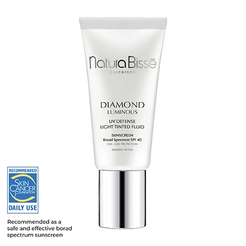 SKIN CANCER FOUNDATION RECOMMENDED DAILY USE. Recommended as a safe and effective borad spectrum sunscreen. DIAMOND LUMINOUS TINTED SPF40. BROAD SPECTRUM TINTED SUNSCREEN. All-in-one UVA/UVB sun protection with superior age-defying benefits and an adaptable touch of color.
