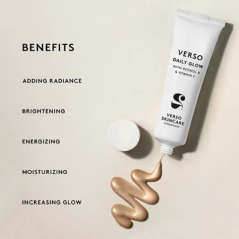 Image 1 - Image of a tube of Verso Daily Glow skincare product with a swirl of its golden cream next to it, accompanied by a list of benefits: ADDING RADIANCE, BRIGHTENING, ENERGIZING, MOISTURIZING, INCREASING GLOW.
