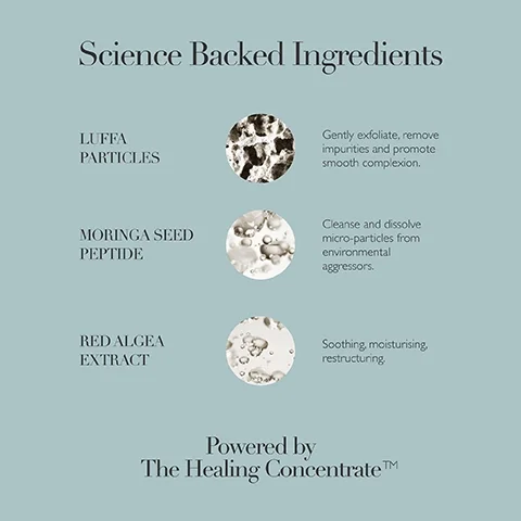 Image listing science backed ingredients LUFFA PARTICLES Gently exfoliate, remove impurities and promote smooth complexion MORINGA SEED PEPTIDE Cleanse and dissolve micro-particles from environmental aggressors RED ALGEA EXTRACT Soothing, moisturising, restructuring Powered by The Healing Concentrate™.