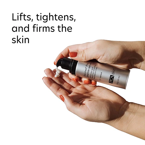 Image 1 - A pair of hands holds a skincare product bottle with a pump, and the image includes the text Lifts, tightens, and firms the skin.
Image 2 - A close-up of a hand with visible expression lines holding a small amount of cream, accompanied by text that reads helps deliver an immediate and long-term reduction of visible expression lines caused by repeated muscle movement.
Image 3 - A close-up image of a clear skincare cream in a glass container, with text that describes three ingredients: Snap-8 (Acetyl Octapeptide-3) and Argireline Amplified (Acetyl Hexapeptide-8) helps to relax the appearance of facial expression lines including forehead lines, glabella frown lines, crows feet, nasolabial laugh lines, and lip lines; Bacillus/Soybean Ferment Extract helps lift, tighten, firm, and smooth for younger-looking skin; Polysaccharide-Amino Acid Blend enhances the appearance of firmness and elasticity.
Image 4 - A hand holds a silver bottle of ExLinea Pro peptide serum with a pump dispenser, featuring text about Peptide-Pro Complex and its formulation benefits.
Image 5 - Image showing a two-step guide on how to apply a skincare serum, with an illustrated hand dispensing serum from a bottle in the top section and a woman applying the serum to her face in the bottom section; visible text includes How to Apply, STEP 1 After cleansing and toning face, dispense a few drops of serum into your palm. Gently massage the serum into areas of concern, such as the forehead, lines around the eyes, and mouth. STEP 2 Allow the serum to absorb. Use twice daily for maximum benefits. Follow with broad spectrum SPF in the daytime and moisturizer in the evening.
Image 6 - Three women of diverse backgrounds are smiling together, each wearing a black sleeveless top, with the text above them stating For dry, oily, combination, normal and sensitive skin for preventative and aging skin concerns.
Image 7 - Image of three skincare products with labels, including ExLinea Pro Peptide Serum, Gentle Facial Cleanser, and Nutrient Toner; the header reads Complete the Regimen.
Image 8 - Image shows a blue laboratory flask icon above text that reads Innovators in healthy skin for 30 years. At PCA SKIN®, we use clinically-backed research and science to develop safe and effective products that deliver visible results for healthy, beautiful skin.