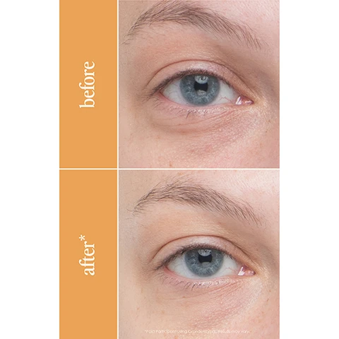 Image 1 - Image shows a close-up of a persons eye, with the left side labeled before and the right side labeled after, displaying the appearance of the eye before and after a cosmetic treatment, highlighting a brighter and smoother look in the after image.
Image 2 - Image of a golden tube of GrandeREVE eye cream against a peach background that lists benefits including reducing fine lines and dark circles, illuminating formula to depuff under the eye area, promoting a younger appearance, and helping protect skin against blue light.
Image 3 - A close-up of a persons face showing a hand applying a cream under the eye, with text stating 91% felt it brightened the eye area and a note about a consumer study on results.
Image 4 - A woman with a slight smile applies a skincare product under her eye, with text stating 24 Hours: majority saw illuminating benefits and 28 Days: 93% felt it reduced the look of fine lines and wrinkles.
Image 5 - A woman applies a cosmetic product under her eye with a brush while surrounded by instructional text detailing how to use it, including twist the bottom of the bottle to fill brush with product, apply a small amount to clean, dry under eye, apply 2x daily, and gently blend in with brush or fingers.
Image 6 - A close-up image of a skincare product applicator with a clear tip, showcasing a gold tube labeled REVIVE Eye Cream with text highlighting Unique Applicator: built-in, hygienic brush ideal for delicate eye area and Twist-End Packaging: dispenses the perfect amount of product every time.