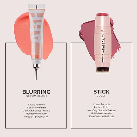 blurring serum blush - liquid formula, soft matte finish, gel like bouncy texture, buildable intensity, needle tip applicator. stick blush - cream formula, radiant finish, non oily smooth texture, buildable intensity, dual sided with brush.