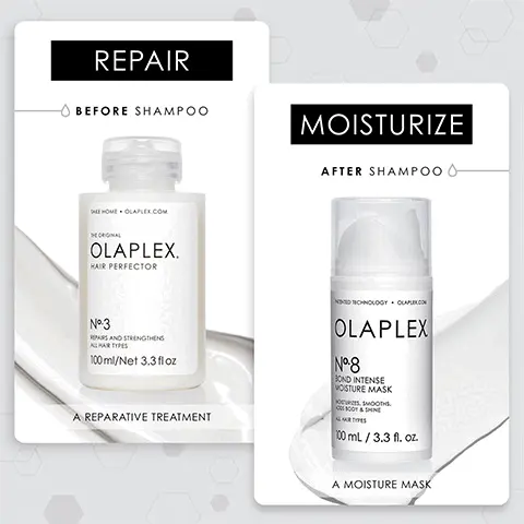 Image 1, Repair Before Shampoo, No3 Hair Perfector, A reparative treatment. Mosturise after shampoo No8 Mask, a Moisture mask. Image 2, The environment come first, together with out updated carbon negative footprint from 2015 to 2021. We eliminate 35mm pounds of GHG from being emitted to the environment. We save 44k gallons of water from being wasted. We protect 57mm trees from being deforested. Image 3, Hair Cuticle Before, Hair Cuticle After.