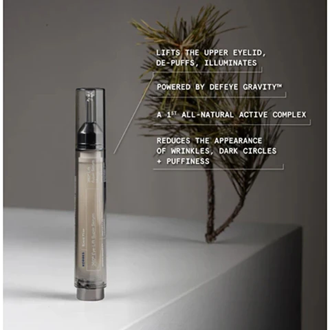Image 1 - A slender Korres Black Pine 360 Degree Eye Lift Super Serum bottle stands next to a pine branch, with text describing its benefits: Lifts the upper eyelid, de-puffs, illuminates; Powered by Defeye Gravity™; A 1st all-natural active complex; Reduces the appearance of wrinkles, dark circles + puffiness. Image 2 - A dollop of pearlescent off-white cream or serum is shown next to text stating 90% Fewer Look of Expression Lines, Dark Circles + Eye Bags*, and 88% Lifted Upper Eyelid Appearance in 14 Days**, with accompanying footnotes: *90% of women / Use for 14 days / Self-evaluation, 32 panelists between 45-65 years old. **88% of women / Self-evaluation, 32 panelists between 45-65 years old.