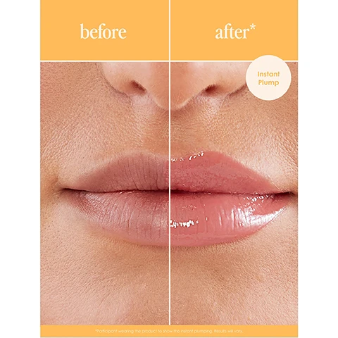 Image 1 - Image showing a close-up of a persons lips divided into two sections labeled before and after, with the after section indicating an increase in plumpness and volume; visible text includes Instant Plump in a circle and the note about participant results varying.
Image 2 - Image shows a comparison of lips before and after using a product, with the top labeled as before showing dull, dehydrated lips with fine lines and wrinkles, and the bottom labeled as after showing increased overall lip volume with more hydrated, fuller looking lips.
Image 3 - A grid of six images displaying various lip gloss shades on a models lips, labeled as pale rose, toasted apricot, spicy mauve, sunbaked sedona, barely there, and clear.
Image 4 - An image of a GrandeLIPS Hydrating Lip Plumper with a gold and white tube on a soft yellow background, featuring text that reads fuller looking lips minus the sting, along with bullet points stating plumps through hydration instead of irritation, no stinging or burning effect, and unique cushion applicator easily wipes clean.
Image 5 - A woman with long blonde hair and hoop earrings smiles while holding a lip product, with an orange background that features text about the products benefits: 3-5 mins instantly improves lip volume & hydrates dry areas, 30 days see a long-term increase in overall lip volume when used 2x daily.
Image 6 - A close-up image of a womans lips with a lip treatment applicator, displaying the text 90% saw fuller looking lips* in the lower right corner.
Image 7 - A woman with curly hair holds a lip treatment pen to her lips against a bright orange background, featuring the text hydrating + plumping and a quote about using the product at night.
Image 8 - An infographic comparing GrandeLIPS to other lip plumpers, highlighting features like hydration, collagen infusion, plumping effects, and a sanitary silicone applicator with checkmarks for GrandeLIPS and crosses for other plumpers.