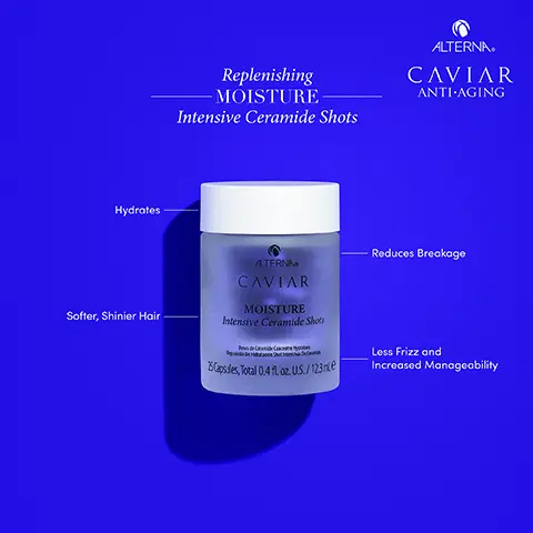 Image 1, replenishing moisture intensive ceramide shots, hydrates, reduces breakage, softer shiner hair, less frizz and increased manageability. Image 2, replenishing moisture intensive ceramide shots, caviar extract = known to restore moisture and shine. hydrolyzed silk - commonly used to condition and improve overall feel of the hair. ceramide NP = reputable for protecting damaged hair. Image 3, Replenishing moisture and professional styling, before and after. Image 4, cleanse, condition, detangle and hydrate.