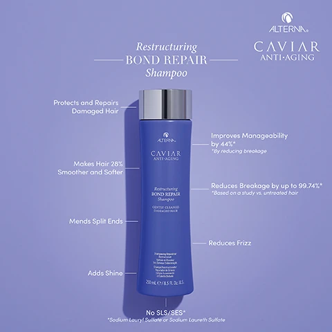 Image 1 - A bottle of Alterna Caviar Anti-Aging Restructuring Bond Repair Shampoo is centered with a shiny cap, surrounded by text highlighting its benefits, including protects and repairs damaged hair, improves manageability by 44%, reduces breakage by up to 99.74%, makes hair 28% smoother and softer, mends split ends, reduces frizz, and adds shine, with details about sulfate-free ingredients and a volume of 250 mL.
Image 2 - Three clear gel-like drops are displayed on a white background, with the text Restructuring BOND REPAIR Shampoo, CAVIAR EXTRACT Known to restore moisture, elasticity and shine, SEASILK Widely used to hydrate and help repair damaged hair, and AGE CONTROL COMPLEX Reputable for helping undo effects of chemical, environmental, and natural aging.
Image 3 - Image shows a woman with wavy, shoulder-length blonde hair, divided into two halves to represent before and after using a hair care product, with the left side appearing less styled and the right side looking improved and healthier; a hair care bottle labeled CAVIAR ANTI-AGING is centered below the hair, and the text Restructuring BOND REPAIR Collection is at the top, while BEFORE and AFTER are indicated on the respective sides.
Image 4 - Image shows a woman with blonde hair viewed from the back, split in half to illustrate the transformation of her hair before and after using the Alterna Caviar Anti-Aging Restructuring Bond Repair collection, with the words Before and After and an image of the hair product in the center, along with text indicating Unretouched Image and the products used: Shampoo, Leave-In Treatment Masque, 3-in-1 Sealing Serum.
Image 5 - A woman with long blonde hair is shown from the back, with a comparison of the texture on the left labeled BEFORE and smoother, healthier-looking hair on the right labeled AFTER, accompanied by two bottles of Alterna Caviar Anti-Aging Bond Repair Collection positioned between them, with the text Restructuring BOND REPAIR Collection at the top.
Image 6 - Image shows a person with curly hair, divided into two sections labeled BEFORE and AFTER, featuring a hair care product on each side; the left includes a bottle and the right displays a jar, both from the Alterna Caviar Anti-Aging Bond Repair Collection, with visible text Restructuring BOND REPAIR Collection.
Image 7 - A blue bottle of Alterna Caviar Anti-Aging Restructuring Bond Repair Shampoo is shown against a light background, featuring a silver cap and the text Restructuring BOND REPAIR Shampoo prominently displayed; additional text reads FULL INGREDIENT LIST followed by a detailed list of ingredients.
Image 8 - Three hair care products from Alternas Caviar Anti-Aging line, including a shampoo bottle labeled Restructuring BOND REPAIR Shampoo, a conditioner bottle labeled Restructuring BOND REPAIR Conditioner, and a spray bottle labeled Restructuring BOND REPAIR Leave-in Heat Protection Spray, all set against a soft purple background.
Image 9 - Four products from Alterna Caviar Anti-Aging line are displayed on a light purple background: a leave-in overnight serum, a shampoo, a conditioner, and a 3-in-1 sealing serum, each labeled with their functions, and include visible text highlighting benefits of restructuring and strengthening damaged hair.
Image 10 - Image shows a comparison of two hair care treatment lines by Alterna Caviar Anti-Aging: Replenishing Moisture for non-lightened hair that addresses dull, dry, and brittle hair, and Restructuring Bond Repair for lightened hair that treats damaged hair, split ends, and roughness, with various products displayed on either side.