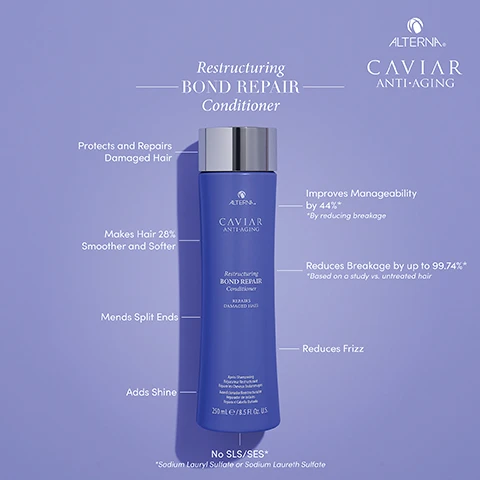 Image 1 - A blue bottle of Alterna Caviar Anti-Aging Restructuring Bond Repair Conditioner stands against a light purple background, with text that highlights its benefits, including protects and repairs damaged hair, makes hair 28% smoother and softer, improves manageability by 44%, reduces breakage by up to 99.74%, mends split ends, reduces frizz, and adds shine, along with notes stating no SLS/SES and a volume of 250 mL.
Image 2 - A creamy white conditioner is shown, labeled Restructuring BOND REPAIR Conditioner with descriptions of its key ingredients: CAVIAR EXTRACT: Known to restore moisture, elasticity and shine, SEASILK: Widely used to hydrate and help repair damaged hair, and AGE CONTROL COMPLEX: Reputable for helping undo effects of chemical, environmental, and natural aging.
Image 3 - A woman with long blonde hair is shown from behind, with the left side depicting damaged hair labeled BEFORE and the right side showing healthier, repaired hair labeled AFTER, with two bottles of Alterna Caviar Anti-Aging Bond Repair shampoo and conditioner centered between them; the top text reads Restructuring BOND REPAIR Collection.
Image 4 - A blue bottle of Alterna Caviar Anti-Aging Restructuring Bond Repair Conditioner is displayed against a light background, featuring text that states Restructuring BOND REPAIR Conditioner and FULL INGREDIENT LIST along with a detailed list of ingredients.
Image 5 - Image shows a collection of hair care products from Alterna, featuring four items labeled as Caviar Anti-Aging: a leave-in overnight serum, a shampoo, a conditioner, and a sealing serum, with descriptors for each item and headings for CLEANSE, CONDITION, PRE-TREAT, and FINISH.
Image 6 - An infographic comparing two hair treatment options: Replenishing Moisture for non-lightened hair, addressing dull, dry, and brittle hair, and Restructuring Bond Repair for lightened hair, targeting damaged, split ends, and rough hair, with images of product bottles and jars on both sides.
