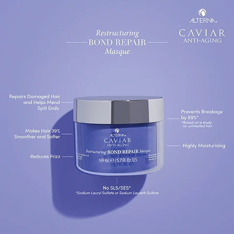 Image 1 - A jar of Alterna Caviar Anti-Aging Restructuring Bond Repair Masque is displayed against a light purple background, showcasing its benefits: repairs damaged hair, makes hair 39% smoother and softer, reduces frizz, prevents breakage by 99%, is highly moisturizing, and contains no SLS/SES.
Image 2 - A dollop of white hair masque is displayed with labels indicating Caviar Extract and its benefits, along with Maracuja Oil and its properties, featuring the text Restructuring BOND REPAIR Masque at the top.
Image 3 - Image shows a person with curly hair, split into two sections labeled Before and After, showcasing the difference in hair texture and appearance after using the Alterna Caviar Anti-Aging Restructuring Bond Repair Collection products, which are displayed beside the persons hair with visible text stating the product names and benefits.
Image 4 - A jar of Alterna Caviar Anti-Aging Restructuring Bond Repair Masque is shown against a light purple background, with a label reading Restructuring BOND REPAIR Masque and FULL INGREDIENT LIST followed by the detailed ingredients list.
Image 5 - Four hair care products arranged against a soft lavender background, including a shampoo, leave-in serum, sealing serum, and masque, labelled with the text CLEANSE, TREAT, PRE-TREAT, and FINISH, and all branded as CAVIAR ANTI-AGING by ALTERNA.
Image 6 - An infographic showing the steps for incorporating the Restructuring Bond Repair Masque into a haircare routine, featuring images of hair products like shampoo, leave-ins, and finishers, with arrows indicating the process, including text that reads Where does the Restructuring Bond Repair Masque fit into your haircare routine? Masque (leave in 3-5 mins).
Image 7 - Image shows two columns comparing hair treatment options: Replenishing Moisture for non-lightened hair addressing issues like dull, dry, and brittle hair, and Restructuring Bond Repair for lightened hair focusing on treating damage, split ends, and rough texture, with a selection of hair products displayed in each section.