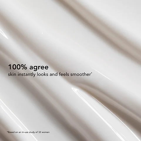Close-up of a shiny wavy cream surface with text overlay that reads 100% agree skin instantly looks and feels smoother* *Based on an in-use study of 32 women.