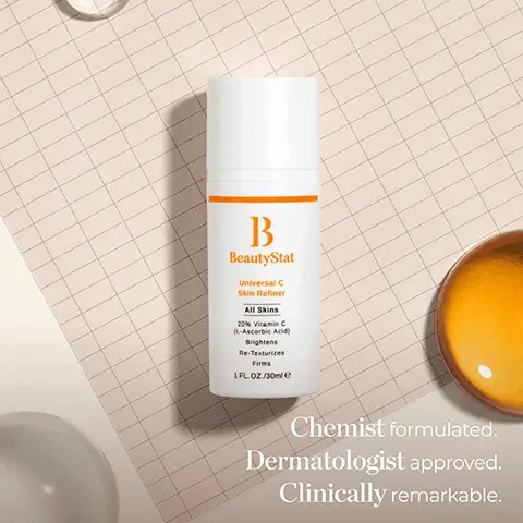 Image 1, B BeautyStat Universal C Skin Refiner All Skins 20% Vitamin C (L-Ascorbic Acid) Brightens Re-Texturizes Firms 1FL.OZ/30ml e Chemist formulated. Dermatologist approved. Clinically remarkable. Image 2, 20% L-ASCORBIC ACID Brightens and firms PURE GREEN TEA ACTIVES Soothes and reduces redness SQUALANE Locks in moisture without clogging pores TARTARIC ACID Helps optimize skin PH levels