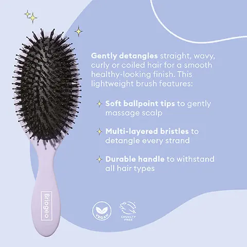 Image 1, Gently detangles straight, wavy, curly or coiled hair for a smooth healthy-looking finish. This lightweight brush features: Soft ballpoint tips to gently massage scalp. Mulit-layered bristles to detangle every strand. Durable handle to withstand all hair types. Vegan and Cruelty-free. Image 2, Review- This brush is fully vegan, but it looks and performs just like the real thing... A pretty, cruelty-free brush at a pretty affordable price? Can't beat it.- Cosmopolitan