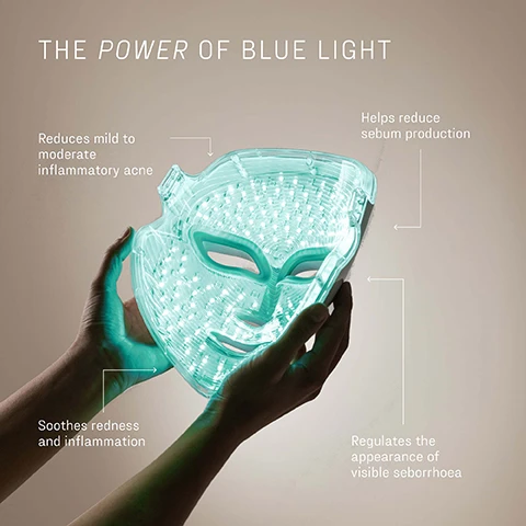 Image 1 - A persons hands hold a glowing, translucent blue light therapy mask, with visible text stating THE POWER OF BLUE LIGHT, Reduces mild to moderate inflammatory acne, Helps reduce sebum production, Soothes redness and inflammation, and Regulates the appearance of visible seborrhoea. Image 4 - A pair of hands holds a glowing red LED light therapy face mask, with the text: THE POWER OF RED LIGHT, An effective treatment for skin rejuvenation, Boosts cellular repair and renewal, Restores and maintains optimum cell function, Visibly improves the signs of skin ageing. Image 5 - A person holds a clear, glowing LED face mask with text stating THE POWER OF NEAR-INFRARED LIGHT, Clinically-proven to stimulate cellular immune response, Reduces the appearance of scars, Restores and maintains optimum cell function, and Enhances blood circulation. Image 6 - Two hands hold a transparent, glowing green LED light therapy mask with many small lights; text says The Power of Green Light, Targets dullness and uneven texture, Improves the appearance of hyperpigmentation, Reduces inflammation and stimulates cell turnover, and Supports healthy skin tone and overall radiance.