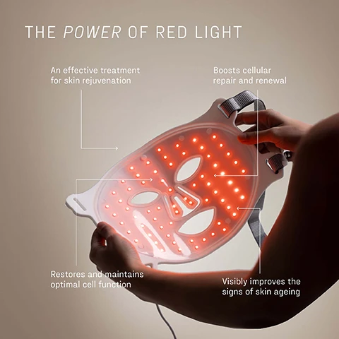 Image 1 - A person holds a white LED face mask glowing with red lights, surrounded by text that reads: THE POWER OF RED LIGHT, An effective treatment for skin rejuvenation, Boosts cellular repair and renewal, Restores and maintains optimal cell function, Visibly improves the signs of skin ageing. Image 2 - A persons hands hold up a white LED face mask with multiple glowing white lights and gray straps, displaying text overlays that read: THE POWER OF NEAR-INFRARED LIGHT, Clinically-proven to stimulate cellular immune response, Enhances blood circulation, Reduces the appearance of scars, and Restores and maintains optimum cell function.