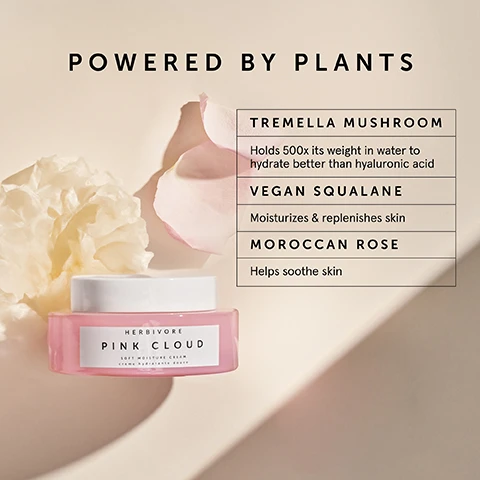 Image 1 - A jar of Herbivore Pink Cloud soft moisture cream is displayed on a light background next to a pink flower petal, with text highlighting key ingredients including Tremella Mushroom, Vegan Squalane, and Moroccan Rose, along with their benefits.
Image 2 - Close-up of a creamy pink substance with the text: FOR NORMAL TO DRY SKIN, Helps retain moisture, Supports healthy skin barrier, Leaves skin soft and plump.
Image 3 - Image shows a jar of Herbivore Pink Cloud Soft Moisture Cream with a light pink background and a creamy texture spread around it; visible text includes CLINICALLY PROVEN & EFFECTIVE, followed by statistics: 97% agree that their skin feels deeply/intensely hydrated, 97% agree that their skin feels looks smoother, 92% agree that their skin feels soft and plump, and 92% agree that the cream comforts dry, irritated skin.