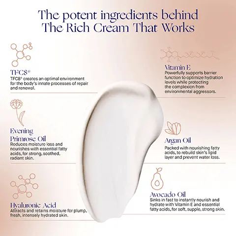 Image 1, TFC8 The potent ingredients behind The Rich Cream That Works TFC8* creates an optimal environment for the body's innate processes of repair and renewal. хся Vitamin E Powerfully supports barrier function to optimize hydration levels while protecting the complexion from environmental aggressors. Evening Primrose Oil Reduces moisture loss and nourishes with essential fatty acids, for strong, soothed, radiant skin. Argan Oil Packed with nourishing fatty acids, to rebuild skin's lipid layer and prevent water loss. Hyaluronic Acid Attracts and retains moisture for plump. fresh, intensely hydrated skin. Avocado Oil Sinks in fast to instantly nourish and hydrate with Vitamin E and essential fatty acids, for soft, supple, strong skin. Image 2, The Rich Cream Clinically Proven Results Forehead wrinkles visibly reduced by 37% Crow's feet wrinkles visibly reduced by 54% Skin firmness and elasticity are improved by 36% AB Augustinus Bader THE RICH CREAM WITH TICS LA CREME HYDRATANTE RICHE AVEC TFCB 30m 11 cz. *Based on a 4-week Clinical Trial of 30 participants. Image 3, AB Augustinus Bader Reduction in the appearance of pores and age spots Reduction in marionette lines BEFORE AFTER 12 WEEKS