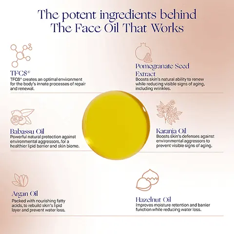 Image 1, The potent ingredients behind The Face Oil That Works TFC8 TFC8* creates an optimal environment for the body's innate processes of repair and renewal. Pomegranate Seed Extract Boosts skin's natural ability to renew while reducing visible signs of aging. including wrinkles. Babassu Oil Powerful natural protection against environmental aggressors, for a healthier lipid barrier and skin biome. Karanja Oil Boosts skin's defenses against environmental aggressors to prevent visible signs of aging. Argan Oil Packed with nourishing fatty acids, to rebuild skin's lipid layer and prevent water loss. Hazelnut Oil Improves moisture retention and barrier function while reducing water loss. Image 2, The Face Oil Clinically Proven Results Improves hydration by 138% Reduces fine lines and wrinkles by 24% Increases skin elasticity by 38% AB Augustinus Bader THE FACE O WITH T CHILE FOUR LEVISADE 30m 11.02. *Based on a 4-week Clinical Trial of 32 participants.