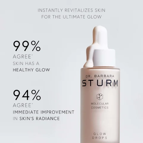 Image 1 - A bottle of Dr. Barbara Sturm Glow Drops is centered, with a white dropper cap; text reads INSTANTLY REVITALIZES SKIN FOR THE ULTIMATE GLOW, 99% AGREE* SKIN HAS A HEALTHY GLOW, and 94% AGREE* IMMEDIATE IMPROVEMENT IN SKINS RADIANCE.