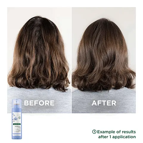 Before, After, Example of results after 1 application. Gently cleanses & restores volume to fine, flat hair. 8H lasting volume. Zero residue guaranteed, 100% invisible finish. Ex-vivo biometrological test on hair strands. 100% natural origin powders & organic flax. 10% recyclable aluminium canister, excluding the cap, we are working on it. Formula high tolerance. 500L of water saved per year. Analysis of life cycle by substituting 1 rinsed shampoo with 1 dry shampoo per week, conducted by DURACONSULT, an independent company. 1, wash, 2, detangle & coat, 3, restore volume between 2 washings. Delicately powdered fragrance. Nude texture without residue and invisible finish.
