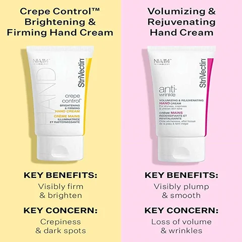 Image 1 - Image shows two hand cream tubes side by side; on the left is Crepe Control Brightening & Firming Hand Cream with key benefits of visibly firm and brighten, and key concern of crepiness and dark spots, and on the right is Volumizing & Rejuvenating Hand Cream with key benefits of visibly plump and smooth, and key concern of loss of volume and wrinkles.