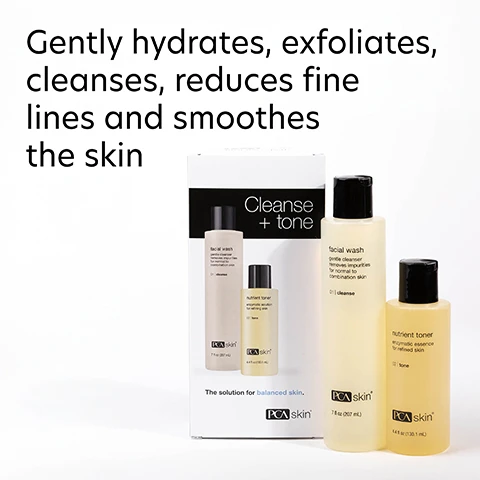 Image 1 - Image shows two bottles of PCA skin products, one labeled facial wash and the other nutrient toner, alongside a box displaying the text Gently hydrates, exfoliates, cleanses, reduces fine lines and smoothes the skin.
Image 2 - A clear petri dish contains three different colored liquids, with labels indicating their ingredients: Lactic Acid (Both Products) with a description about gentle exfoliation, Aloe Vera Leaf Juice (Cleanser) with a note on skin softening benefits, and Pumpkin Enzymes (Toner) describing its exfoliating properties for a refined texture.
Image 3 - Image shows a woman applying skincare products to her face; the top section describes the first step of washing the face with a facial wash, and the bottom section explains the second step of applying a toner with a cotton pad. Visible text includes How to Apply, STEP 1, and STEP 2.
Image 4 - Three women of diverse appearances smile at the camera, with text above them that reads, For dry, oily, combination and normal skin for preventative and aging skin concerns.
Image 5 - Image shows a blue laboratory flask icon above the text Innovators in healthy skin for 30 years At PCA SKIN®, we use clinically-backed research and science to develop safe and effective products that deliver visible results for healthy, beautiful skin.