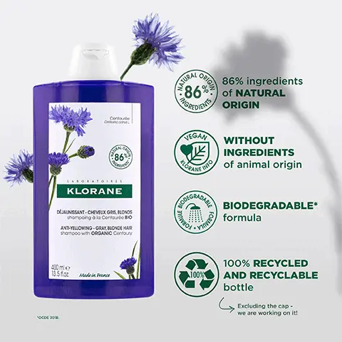Image 1, 86% ingredients of natural origin, without ingredients of animal origin, biodegradable formula and 100% recycled and recyclable bottle. Image 2, Revives shine to grey, white and platinum blonde hair by neutralising yellow tone. 86% ingredients of natural origin. Neutralises undesirable highlights and restores radiance. Image 3, Delicious floral fragrance with notes of ergamot, freesia and peach. Fluid lathering, pigmentated and easy to rinse texture. Does not stain