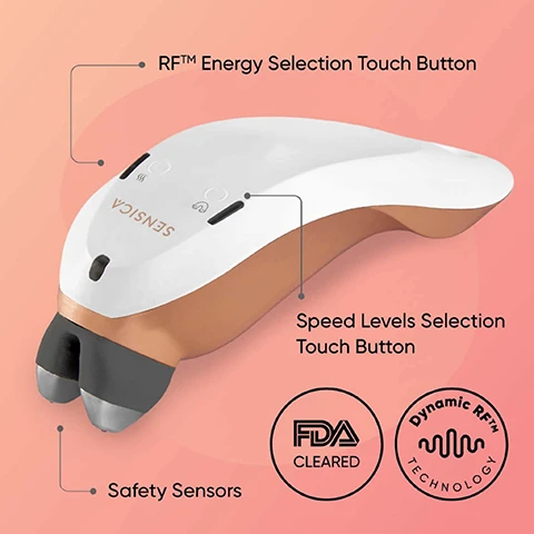 Image 1 - A handheld device designed for skincare with buttons labeled for RF energy selection, speed levels, and safety sensors, featuring a white and gold color scheme and an FDA cleared mark.
Image 2 - A handheld beauty device in white and bronze colors with text that reads Sensilift and The Science of Beauty is in your hand, along with a badge indicating Marie Claire Skin Awards 2023.
Image 3 - Image shows three steps for using Sensilift with a woman washing her face on the left, a hand applying a product in the center, and another woman using a device on the right; visible text includes HOW TO USE SENSILIFT Your 3-step guide 1. Prep Your Skin Wash your face and dry it thoroughly. Make sure your skin is fresh, bare, and ready to glow. 2. Power Up Apply a thin, even layer of Sensilift Base Gel to the treatment area. 3. Treat Turn on the device, select your settings, and glide it slowly over your skin in small, circular motions.
Image 4 - Image shows a title DRF™ TECHNOLOGY with a description of Dynamic RF™ combining dual-action massage with multi-depth RF energy to enhance circulation and treat multiple skin layers, along with two illustrations depicting the technology in action.
Image 5 - Image shows a side-by-side comparison of a womans face labeled Before on the left and After on the right, highlighting noticeable improvements in skin texture, with text above stating JUST 5 MINUTES, ONCE A WEEK and 94% Were satisfied with Sensilift after just one treatment below.
Image 6 - A split image showing a close-up of two eyes before and after using a skincare product, with the text stating JUST 5 MINUTES, ONCE A WEEK and 95% Reported improved skin appearance, texture and wrinkle reduction along with Before and After labels.
Image 7 - A woman with curly hair smiles while holding a skincare device, with text on the left side listing benefits such as enhance skin elasticity, reduce loose skin, lift, firm & tighten, rejuvenate skin, stimulate elastin, 5 minutes once a week, and boost natural collagen production.
Image 8 - A woman receives a facial massage using a device that emits RF waves, with an illustration showing the range and effect of the treatment on the skin; visible text includes Facial Massage and RF Waves.
Image 9 - A woman with long brown hair is using a skincare device on her cheek, with close-up images of facial areas labeled for treatment, including crows feet, eleven, jawline, smile folds, and forehead, and the image includes the text FDA CLEARED.
Image 10 - Image of a Sensica Senselift device with a box and a tube of cream, featuring a smiling woman, alongside logos indicating FDA approval, ISO certification, and a two-year warranty.