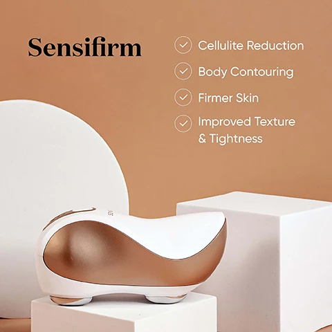 Image 1 - A sleek, white and gold body contouring device is positioned on white geometric pedestals against a peach background, accompanied by the text Sensifirm and a list detailing cellulite reduction, body contouring, firmer skin, and improved texture and tightness.
Image 2 - An instructional image showing three steps for using the Sensifirm device, including a woman applying a gel to her leg, holding the device, and placing it on her skin, with visible text detailing the steps: How to use Sensifirm, Your 3-step guide, 1. Prepare: Apply a thin layer of Sensifirm Base Gel to clean, dry skin. 2. Power On: Turn on the device and select the highest RF energy level that you find comfortable. 3. Treat: Place the device on your skin and move slowly in circular motions, keeping electrodes in full contact with your skin.
Image 3 - Image shows a side-by-side comparison of skin before and after treatment for cellulite, with visible text stating JUST 5 MINUTES, ONCE A WEEK, 96% Saw visual improvement in the appearance of cellulite after 3 months of use, and labels for Before and After.
Image 4 - A side-by-side comparison of a persons abdomen showing before and after results, with text stating JUST 5 MINUTES, ONCE A WEEK and 89% Reported visible improvement in skin texture and tightness, along with labels for Before and After.
Image 5 - Image features a Sensifirm body treatment device in a white and gold finish, alongside a tube of base gel labeled SENSICA, a product box with marketing text, and certification logos indicating FDA approval, ISO certification, a guarantee, and a two-year warranty.