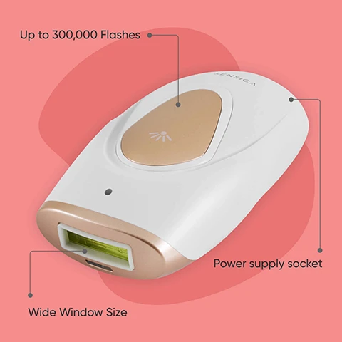 Image 1 - An electronic hair removal device in white and gold, featuring a wide window size and a power supply socket, with annotations indicating it can provide up to 300,000 flashes.
Image 2 - An image of a white and gold device labeled Sensica, accompanied by icons and text highlighting features such as safe with an innovative double safety mechanism, advanced RPL technology, comfortable as compact and lightweight, and fast with a note stating 1.5 minutes to treat your underarms, along with an FDA cleared badge.
Image 3 - Image shows a three-step guide for using the Sensilight Mini device, with images of a person preparing their skin, a hand holding the device, and the device being placed on skin, accompanied by the text: HOW TO USE SENSILIGHT™ MINI Your 3-step guide to smooth 1. Prepare Shave the treatment area and ensure your skin is clean and dry. 2. Power On Turn on the device and select your preferred comfort level. 3. Treat Place the window on your skin, ensuring full contact, and start the session.
Image 4 - Side-by-side comparison images showing the chin of a person with visible hair before treatment on the left and the same area after treatment on the right, with the top text stating JUST 5 MINUTES, ONCE A WEEK and 98% Reported hair reduction after 8 treatments, along with a note at the bottom reading on clinical user trial.
Image 5 - Image showing a split comparison of skin before and after a treatment with visible text stating JUST 5 MINUTES, ONCE A WEEK and 96% Reported the treatment to be pain free.
Image 6 - Image shows a grid with photos of women displaying suitable skin tones marked with green check marks and unsuitable skin tones marked with red crosses. Below, there are swatches of different hair colors with suitable ones marked in green and unsuitable ones marked in red. At the bottom, there are four icons indicating RPL technology, customer support from licensed estheticians, and clinical testing results, with a note about no protective glasses required.
Image 7 - An image of a hair removal device, the Sensilight Mini, positioned next to its packaging and featuring warranty and certification badges, with visible text indicating FDA approval and a two-year warranty.