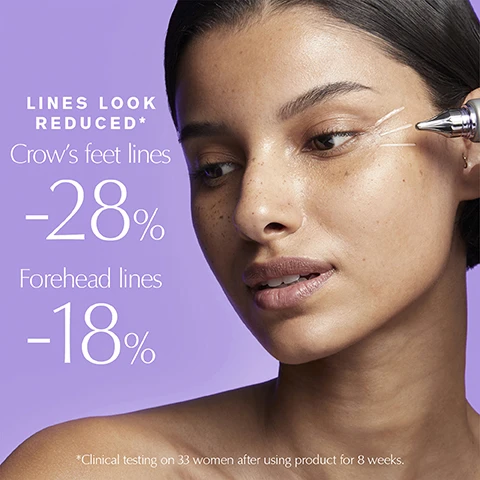 Image 1 - A woman with a device near her eye is shown next to text that reads LINES LOOK REDUCED* Crows feet lines -28% Forehead lines -18% *Clinical testing on 33 women after using product for 8 weeks. Image 2 - A silver tube of Estee Lauder Perfectionist Pro Multi-Zone Wrinkle Concentrate is shown on a creamy wavy background with visible text ESTEE LAUDER Perfectionist Pro Multi-Zone Wrinkle Concentrate Niacinamide+Chlorella Concentré anti-rides multi-zones WRINKLE CONCENTRATE Ultra Silky Line Fighter. Image 3 - Close up of a womans face with product on her cheek and hand touching her face on a purple background with text that says TARGET 9 TYPES OF LINES INCLUDING: Nasolabial folds, Crows feet, Forehead lines. Image 4 - A woman holds a product tube, with two white lines on her forehead, next to the text TARGET EVERY LINE Multi-Zone Wrinkle Concentrate.
