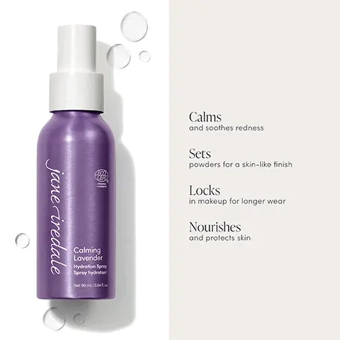Image 1, calm and soothes redness, sets powders for a skin like finish, locks in makeup for longer wear, nourishes and protects skin. Image 2, mini 12ml, standard 90ml, refill 281ml. Image 3, 1 refill = 3 full size, 1 refill = 24 mins.