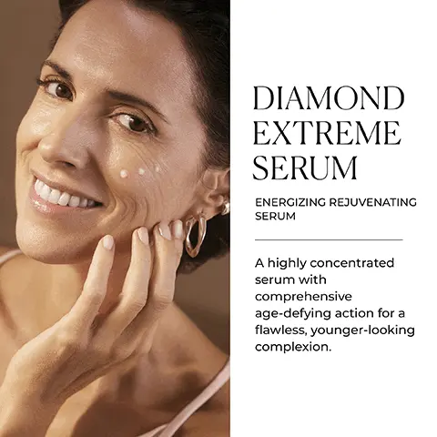Image 1 - A smiling woman with long dark hair is applying a skincare serum to her cheek, accompanied by an image text that reads Diamond Extreme Serum, Energizing Rejuvenating Serum, and a description stating a highly concentrated serum with comprehensive age-defying action for a flawless, younger-looking complexion.
Image 2 - A silver serum bottle labeled Diamond Extreme by Natura Bissé is placed on a wooden surface with icons and text highlighting key benefits including energizes, smooths, firms, balances, and replenishes.
Image 3 - A smiling woman holds a skincare bottle in her hand, with a text overlay that reads ANT-AGING ENERGY FOR THE SKIN followed by Formulated with a luxurious, silky texture and reinforced with ingredients to rebalance skin during the day and replenish it at night and a icon stating GLUTEN FREE.
Image 4 - Image shows two glass bowls containing different skincare ingredients, with water bubbles in the background; visible text includes headings SCIENCE BEHIND IT, DAYTIME: REBALANCES, and NIGHTTIME: REPLENISHES, along with descriptions of each.
Image 5 - An assortment of skincare products is displayed on a textured background with the text AGE-DEFYING EXCELLENCE Our advanced age-defying solutions infuse revitalizing energy into the skin for unprecedented results visible.
Image 6 - A woman smiles while holding a silver bottle of skincare product, with text that reads ANTI-AGING ENERGY FOR THE SKIN, followed by a description that states it is formulated with a luxurious, silky texture and is gluten free.