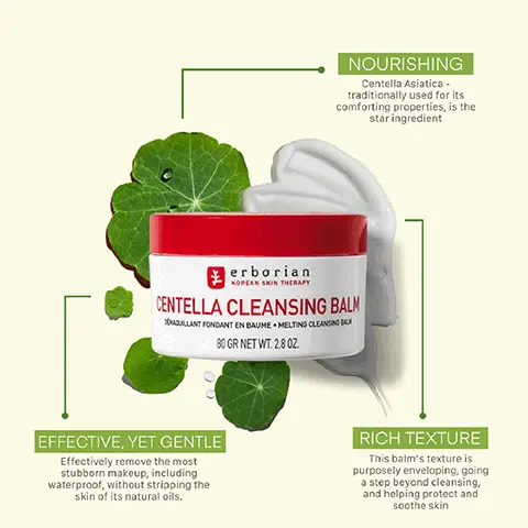 image 1, NOURISHING Centella Asiatica - traditionally used for its comforting properties, is the star ingredient erborian KOREAN SKIN THERAPY CENTELLA CLEANSING BALM AQULLANT FONDANT EN BAUME MELTING CLEANSING BAL 80 GR NET WT. 2.80Z EFFECTIVE, YET GENTLE Effectively remove the most stubborn makeup, including waterproof, without stripping the skin of its natural oils. RICH TEXTURE This balm's texture is purposely enveloping, going a step beyond cleansing, and helping protect and soothe skin Image 2, ASIATICA erborian ENTELLA CLEANSING BALN 80 GR NET WT. 280Z CENTELLA ASIATICA EXTRACT Known for its soothing properties SWEET ALMOND OIL & COCONUT OIL Known for nourishing and softening properties BEESWAX Known for helping soften and protect skin SHEA BUTTER Known to nourish, soften and protect skin from dryness Image 3, CONSUMER TESTED TO BE GENTLE ON SKIN, INCLUDING THE EYE AREA "Consumer test on 22 volunteers immediately ather application Image 4, erborian CENTELLA CLEANSING OIL erborian DENTELLA CLEANSING BALK ENGLANT FONDANT EN BAUME MELTING CLEAN 20 GR NET WT 280Z CENTELLA CLEANSING OIL ✓ Lightweight oil and non-foaming Removes makeup VS ✓ Leaves skin feeling soothed ✓ Suitable for eye area CENTELLA CLEANSING BALM ✔Melts into a milky texture Removes makeup Leaves skin feeling soft Suitable for eye area