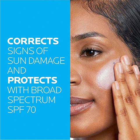 Image 1 - Close-up of a persons face and hand applying product to a cheek with text CORRECTS SIGNS OF SUN DAMAGE AND PROTECTS WITH BROAD SPECTRUM SPF 70.
Image 2 - A swatch of white lotion on a white background with text labels CELLOX-B3 SHIELD TECHNOLOGY UVA/UVB PROTECTION + ANTIOXIDANTS + NIACINAMIDE, LIGHTWEIGHT, SHEER LOTION TEXTURE, OXYBENZONE-FREE BROAD SPECTRUM SPF 70.
Image 3 - Image shows a diagram titled Key Dermatological Ingredients listing Cell-Ox Shield Technology UVA/UVB Protection + Antioxidants Photostable UVA/UVB filters and powerful antioxidant protection Broad Spectrum SPF 70 Oxybenzone-Free & Octinoxate-Free and Niacinamide Water Soluble Vitamin Helps visibly fade skin discoloration each with an associated circular image.
Image 4 - Image showing the La Roche-Posay logo and four icons with labels: LA ROCHE POSAY LABORATOIRE DERMATOLOGIQUE, DERMATOLOGIST TESTED, ALLERGY TESTED, OIL-FREE/ NON-COMEDOGENIC, FRAGRANCE-FREE.
Image 5 - A bottle of La Roche-Posay Anthelios UV Correct Daily Lotion Sunscreen SPF 70 is shown with images of four different people applying product to their faces and hands. LA ROCHE-POSAY LABORATOIRE DERMATOLOGIQUE 70 BROAD SPECTRUM SPF 70 ANTHELIOS UV CORRECT DAILY LOTION SUNSCREEN HELPS REDUCE VISIBLE SIGNS OF SUN DAMAGE* CELLOX-B3 SHIELD UVA/UVB + Antioxidants + Niacinamide *when used as directed with other sun protection measures. 1.7 FL. OZ. - 50 mL.