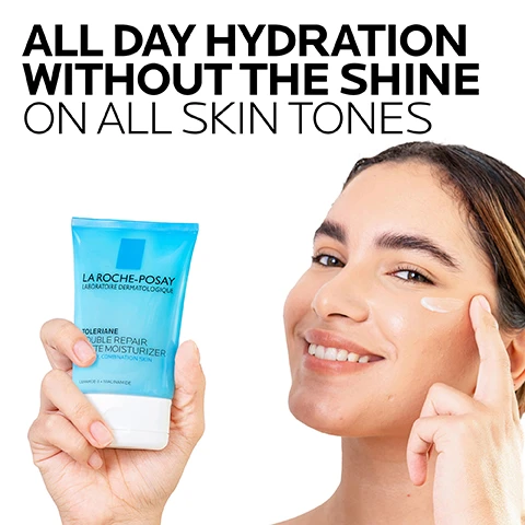 Image 1 - A woman with long, wavy hair is applying moisturizer to her face while holding a blue tube of La Roche-Posay moisturizer; visible text reads ALL DAY HYDRATION WITHOUT THE SHINE ON ALL SKIN TONES.
Image 2 - A smooth, white gel-like droplet on a surface, with visible text that reads La Roche-Posay Prebiotic Thermal Water + Ceramide-3 + Niacinamide, Lightweight Gel Texture, and Shine Control All Day.
Image 3 - A light blue tube of La Roche-Posay Toleriane Double Repair Matte Moisturizer is shown against a white background, with the text DERMATOLOGIST RECOMMENDED at the top and a quote from Dr. Anna Karp stating that using proper moisturizers for oily and acne-prone skin is extremely important due to specific hydrating ingredients influence on skin barrier function and oil production.
Image 4 - Image showing two side-by-side comparisons of the faces of individuals with oily skin; the left side is labeled UNTREATED and AFTER 8HR, and the right side is labeled TREATED and AFTER 8HR, with text above stating ALL DAY SHINE CONTROL FOR ALL SKIN TONES.
Image 5 - Image showing key dermatological ingredients with descriptions: La Roche-Posay Prebiotic Thermal Water noted as a soothing antioxidant, Ceramide-3 described as a skin-identical lipid, and Niacinamide listed as a water soluble vitamin.
Image 6 - Image shows a white background with a blue header that reads LA ROCHE POSAY LABORATOIRE DERMATOLOGIQUE, accompanied by four icons: a doctor, a face, a droplet, and the number 13+ with text underneath indicating DERMATOLOGIST TESTED, ALLERGY TESTED, OIL-FREE/ NON-COMEDOGENIC, and SUITABLE FOR AGES 13+.
Image 7 - Image shows three skincare products from La Roche-Posay arranged vertically with the titles OILY SKIN ROUTINE at the top and numbered steps 1, 2, and 3 next to each product; the visible products are Toleriane Purifying Foaming Cleanser, Toleriane Double Repair Matte Moisturizer, and Anthelios Ultra Light SPF 60.