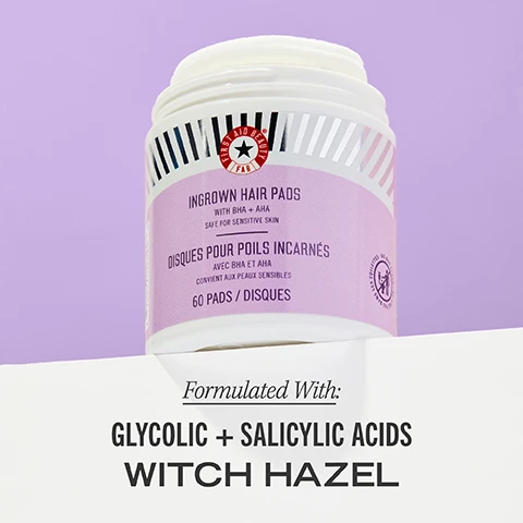 image 1, formulated with glycolic and salicylic acids witch hazel. image 2, 96% said their bikini line feels less irritated. image 3, swipe pad over clean, dry skin beginning the day after shaving or waxing. image 4, safe for sensitive skin. image 5, before and after. image 6, 90% said their skin looks bump-free after using this product. before and after. image 7, full size vs travel size.