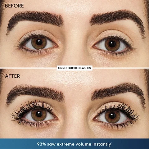 Image 1 - Image shows a comparison of two close-up views of eyes with lashes: the top half labeled BEFORE shows natural lashes, while the bottom half labeled AFTER displays fuller, more voluminous lashes, with the text “93% saw extreme volume instantly” at the bottom.