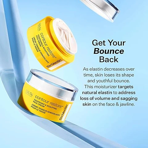 Image 1 - Two containers of skincare cream are positioned on a light blue background, with one yellow jar slightly tilted and the other silver with a lid off, accompanied by promotional text that reads Get Your Bounce Back, followed by additional details about the products benefits.
Image 2 - Image shows a graphic outlining a skincare routine with four product illustrations: a cleanser, eye care, serum, and face cream, along with text that indicates STEP 4: FACE CREAM and instructions on application and timing, stating HOW TO APPLY: Apply all over clean face and jawline, massaging in an upward motion. WHEN TO APPLY: In the morning and evening.
Image 3 - Three circular glass dishes contain different ingredients: a dish with green thyme sprigs labeled elastin-targeting dipeptides, another dish with yellow and blue shapes labeled thyme extract liposomes, and a third dish filled with yellow beads labeled glycolipids.