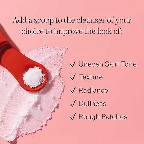 Image 1 - An image of a red measuring spoon with a scoop of white powder on a pink background, accompanied by text that lists benefits of adding the powder to a cleanser, including uneven skin tone, texture, radiance, dullness, and rough patches.
Image 2 - Image shows a close-up of a scoop of white exfoliating crystals on a red spoon next to a clear container with more crystals inside, with text labeled Pro Glowfoliant ™ Crystals Myth Vs. Fact highlighting myths and facts about exfoliation.
Image 3 - A smiling woman with long, straight hair holds a skincare jar in her hand against a pink background, with the text Three Steps to a Pro Glow displayed beside her.