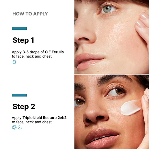 Image 1 - A two-panel image shows skincare application instructions on the left and close-up photos of models applying products on the right; the top right panel features a persons face with a hand touching their cheek, while the bottom right panel shows a different persons face with a white cream being applied to their cheek; the text on the left reads HOW TO APPLY Step 1 Apply 3-5 drops of C E Ferulic to face, neck and chest for daytime use, and Step 2 Apply Triple Lipid Restore 2:4:2 to face, neck and chest for day and night use. Image 2 - A close-up of a persons face shows a serum dropper releasing a drop onto their cheek, highlighted by a magnifying circle, with the text Provides advanced environmental protection. Image 3 - An amber serum bottle with a dropper dispensing yellow liquid into a petri dish is shown alongside text that reads Clinically Proven Results, 37% Increased firmness, 27% Reduction in the appearance of fine lines, 36% Reduction in the appearance of wrinkles, with smaller text below stating Protocol: 52-week clinical study on 50 female subjects ages 40-60 years old. Results at week 20 (USA, 2011), and the bottle label shows SkinCeuticals C E Ferulic®. Image 4 - A close-up of a persons face with fair skin and blue eyes, gently applying a white cream to their cheek, with text that reads Restores + protects skin’s barrier as it ages. Image 5 - A white cosmetic cream is shown being scooped from a jar, with surrounding text detailing product information and clinical study results, including CLINICALLY PROVEN RESULTS 66% Improvement in smoothness 35% Improvement in laxity 26% Improvement in radiance Protocol: Average results shown. A dermatologist-controlled 8-week clinical study on 55 subjects with twice daily application of Triple Lipid Restore 2:4:2. Subjects also used SkinCeuticals Gentle Cleanser and Ultimate UV Defense SPF 30. Inclusion Criteria: Females ages 55-75 with moderate fine lines/wrinkles, uneven skin tone, skin dullness, skin roughness, lack of skin tone clarity, and lack of skin firmness. 2Protocol: Average results shown. Lipidomics analysis (N=28 females aged 55-75). Statistically significant increase in lipids determined by spectrometric analysis of tape strips collected at baseline and after 8 weeks of twice daily application of Triple Lipid Restore 2:4:2. SkinCeuticals TRIPLE LIPID RESTORE 2:4:2 ANTI-AGING LIPID REPLENISHMENT TREATMENT 2% CERAMIDES | 4% CHOLESTEROL | 2% FATTY ACIDS CORRECT.
