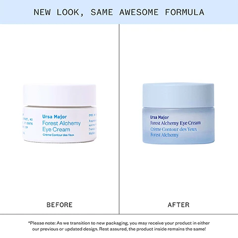 Image 1 - A split image shows the old white packaging of Ursa Major Forest Alchemy Eye Cream next to the new translucent blue packaging, with the text NEW LOOK, SAME AWESOME FORMULA above, BEFORE and AFTER below each jar, and *Please note: As we transition to new packaging, you may receive your product in either our previous or updated design. Rest assured, the product inside remains the same! at the bottom. Image 2 - A list of skincare ingredients featuring images of Chaga Tremella Pink Snow Algae and Wild Birch with the text Pure powerful ingredients CHAGA Eases the look of dark circles and hyperpigmentation TREMELLA Absorbs and retains 500 times its own weight in water making the eye area noticeably smooth and hydrated PINK SNOW ALGAE A natural source of carotenoids Increases collagen production and helps skin cells repair more quickly WILD BIRCH Contains 17 amino acids minerals enzymes proteins antioxidants and vitamins to increase skin elasticity. Image 3 - The image shows clinical results: Clinical Results AFTER 1 WEEK: Appearance of fine lines reduced* AFTER 8 WEEKS: 93% agreed the appearance of fine lines was reduced** 93% agreed skin texture was improved and pores looked smaller** 96% agreed Lunar Bloom Retinal Serum was gentle on their sensitive skin** *IN A BLIND STUDY ON 33 MEN AND WOMEN (AGES 35-66), PARTICIPANTS REPORTED THE FOLLOWING RESULTS AFTER 1 WEEK OF ONCE-DAILY USE. **IN A BLIND STUDY ON 33 MEN AND WOMEN (AGES 35-66), PARTICIPANTS REPORTED THE FOLLOWING RESULTS AFTER 8 WEEKS OF ONCE-DAILY USE.