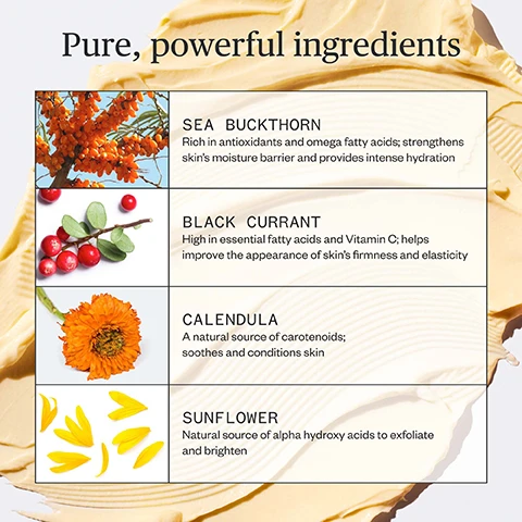 Image 1 - The image shows natural ingredients sea buckthorn berries, black currants, a calendula flower, and sunflower petals next to text reading Pure powerful ingredients SEA BUCKTHORN Rich in antioxidants and omega fatty acids strengthens skins moisture barrier and provides intense hydration BLACK CURRANT High in essential fatty acids and Vitamin C helps improve the appearance of skins firmness and elasticity CALENDULA A natural source of carotenoids soothes and conditions skin SUNFLOWER Natural source of alpha hydroxy acids to exfoliate and brighten. Image 2 - A guide to our moisturizers grid displays information for three products: Alpine Rich Cream with a swatch of cream texture is described as Rich hydration and barrier support, with alpine & forest actives, BEST FOR: Sensitive, dry, or mature skin; Golden Hour Recovery Cream with a swatch of ribbed cream texture is described as Replenishing daily moisturizer packed with skin nutrients, BEST FOR: All skin types; and Fortifying Gel Moisturizer with drops of gel texture is described as Lightweight, soothing, and cooling hydration, BEST FOR: Combination, oily, or acne-prone types.