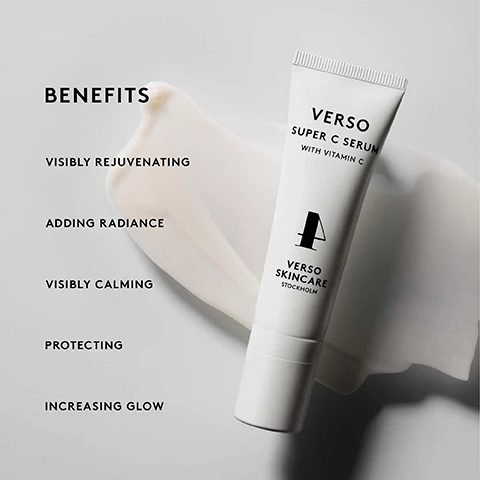 Image 1 - An image of a white tube of Verso Super C Serum with visible text that lists the benefits of the product: visibly rejuvenating, adding radiance, visibly calming, protecting, increasing glow, along with the brand name Verso Skincare and Stockholm.
Image 2 - Image shows a tube of Verso Super C Serum with Vitamin C on a neutral background, with positive feedback percentages about the products effectiveness, indicating metrics like 89% for skin moisture and 85% for smoother skin.
