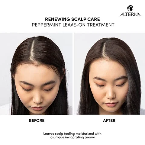 Image 1, Renewing scalp care peppermint leave-on treatment before and after shot. Leaves scalp feeling moisturized with a unique invigorating aroma